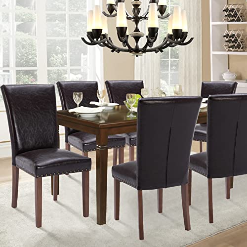 Image of Parsons Dining Chairs Set of 2, Upholstered Nailhead PU Leather Dining Room Kitchen Side Chair with Thick Cushions and Wood Legs, Dark Brown