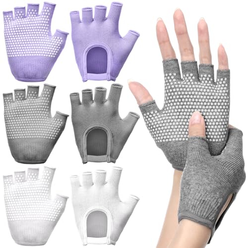 Shyyween 3 Pairs Silicone Grip Yoga Gloves Non Slip Fingerless Pilates Gym Workout Gloves for Women Men One Size Fits Most Comfortable and Breathable(Gray Purple White 3 Pairs)