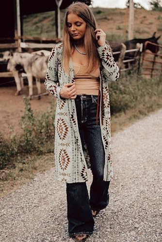 Women's Brown Aztec Open Front Long Cardigan - Western Style3