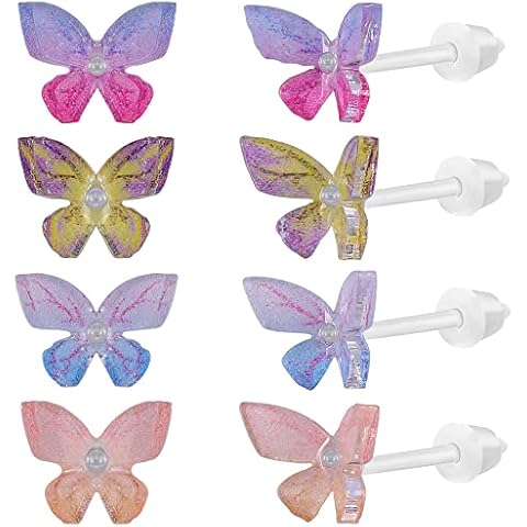 AoedeJ 4 Pairs Butterfly Earrings Studs Butterfly Plastic Earrings for Teen Girls Butterfly Earrings for Women Studs Set (Style 5) Cover