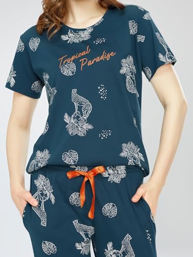 Image of ZEYO Night Suit for Women's Cheetah & Floral Printed Cotton Night Dress of Top,Pajama & Short's 3Pc'S Set 5733