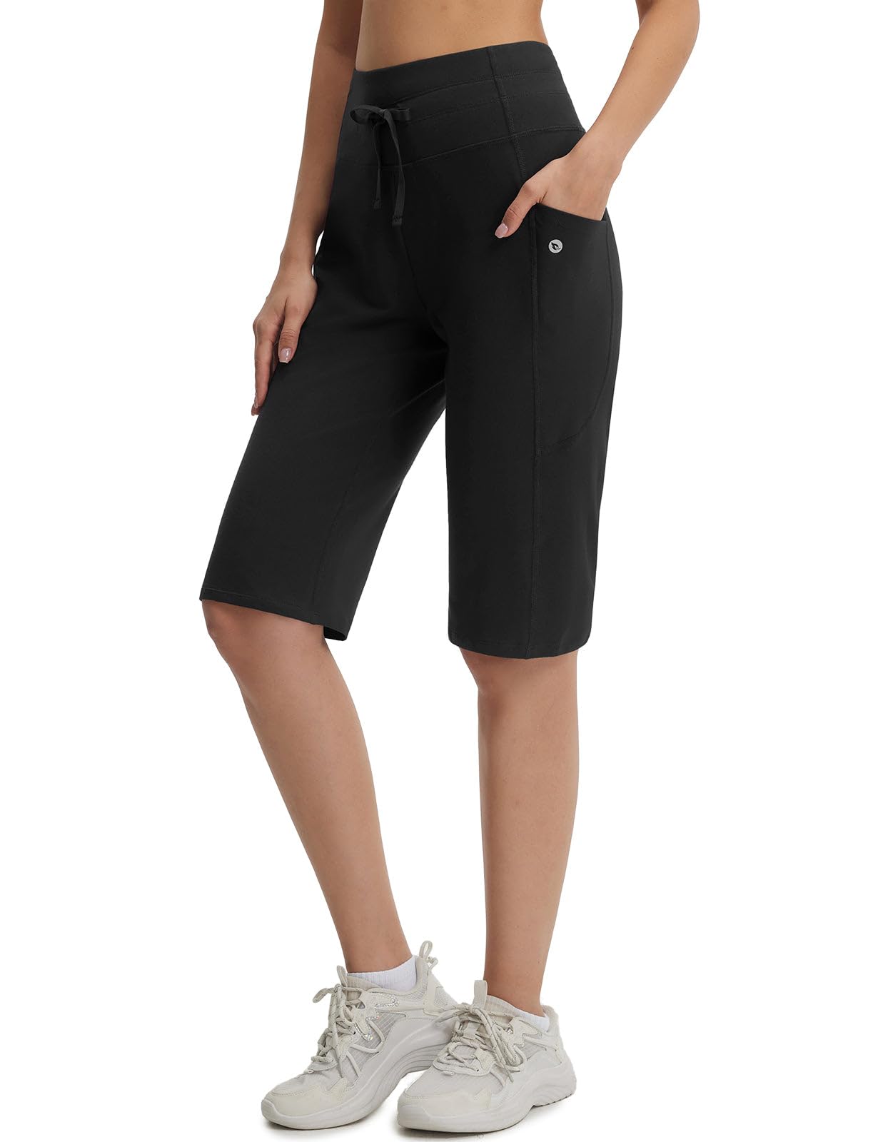 baleaf Damen Shorts Baumwolle Bermuda mit Taschen Sommerhose 35CM Knielang Yogahose Hohe Taille Lounge Casual Activewear Hosen