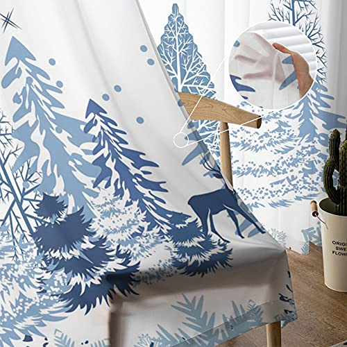 Christmas Tree Semi Sheer Curtains 84 Inches Long, Blue Snowflake Xmas Elk Reindeer Winter Window Treatments Curtains,Light Filter Curtains Rod Pocket Drapes For Living Room Bedroom Decor,2 Panels #TOP4