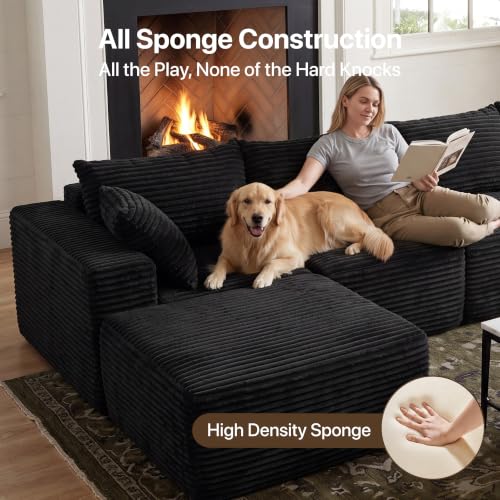 Image of Claiks 132 inch Boneless Couch, U-Shape Corduroy Sectional Sofa, Black