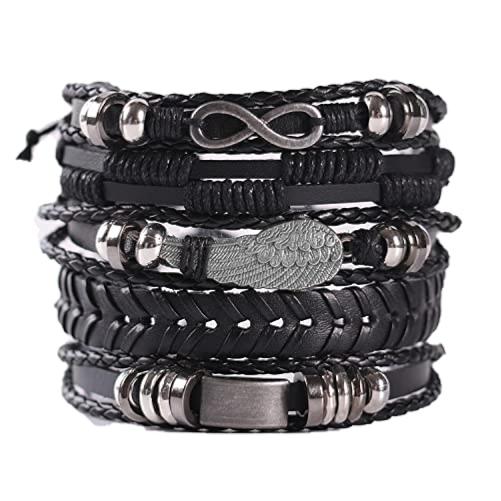 Pack of 5 Stylish Black Synthetic Leather Bracelets