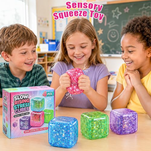 Image of 4 Pack Ice Cube Squishy, Slow Rising Squishy Toys with Glitter, Sensory Fidget Cube Set for Kids Teens Adults, Stress Relief Squeeze Toys
