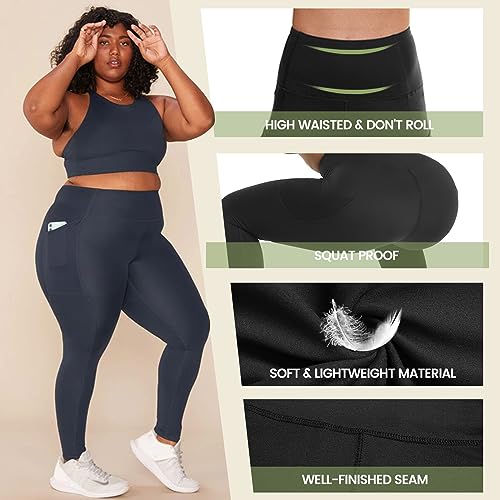 HLTPRO 3 Pack Plus Size Leggings with Pockets for Women - Black High Waisted Tummy Control Soft Yoga Pants for Gym Workout2