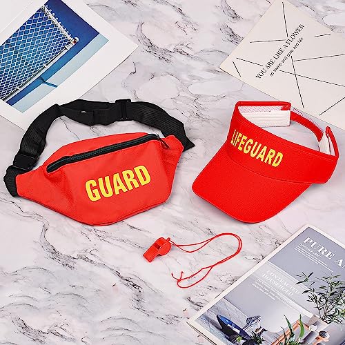 Bohue 3Pcs Lifeguard Costume Set Empty Top Sun Hat Adjustable Hat Red Waterproof Waist Bag Plastic Whistle Fancy Dress Accessories for Men Women - Image 4