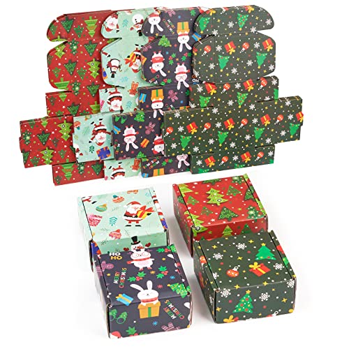 soxuding Small Christmas Gift Boxes With Lids, 24 Pack 4x4x2 Inch Christmas Shipping Boxes, Recyclable Cardboard Corrugated Mailer Gift Boxes For Small Business (Xmas Mix Pattern Of 24 Pcs)