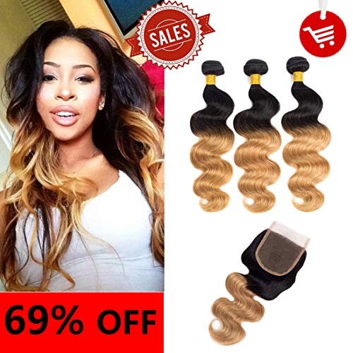 Shengmeiyuan Beauty Show 8-30 Inches Grade 9A Unprocessed Brazilian T1B/27 Ombre body wave Virgin Hair 3 Bundles With Closure Rosa Hair Products Silver Human Hair Extensions (22 24 26 with 22inch)