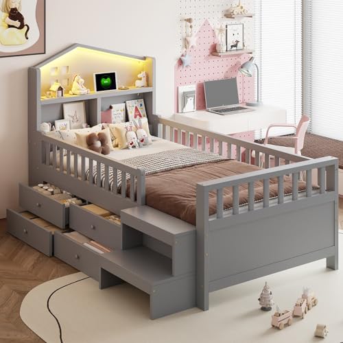 KOMHTOM Lit mi-Haut 90 x 200 cm avec Barrière de Sécurité, Lit Simple en Bois avec 4 Tiroirs, Tête de lit avec Rangement, Ports de Recharge et éclairage...