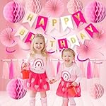 Pink Birthday Decorations Set for Women Girls Happy Birthday Banner Honeycomb Balls Paper Fans Hanging Swirl Streamers Tassels Complete Pink Birthday Party Decor Supplies - Image 5
