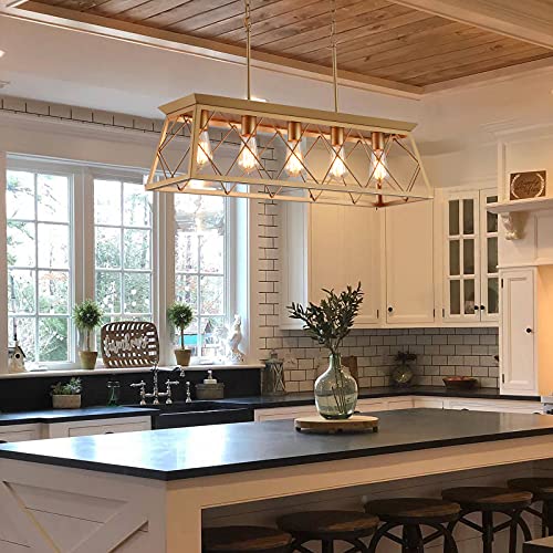 Q&S Modern Farmhouse Chandelier Light Fixtures,5-Lights Gold Linear Industrial Light Fixtures For Kitchen Island Bar Dining Table Ul Listed #TOP6