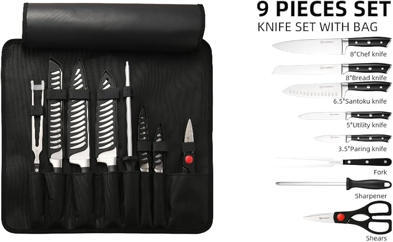 Knife Set Roll Bag, 8 Pieces German High Carbon Stainless Steel Chef Knives with Hollow Handle, Portable Knife Roll Storage Bag, Blade Guards, Kitchen Shears for Outdoor Camping Travel Stainless Steel Hollow Handle 8 Pieces