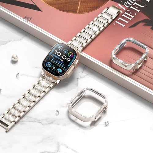 Image of SUPOIX for Apple Watch Band 49mm + Case, Bling Bands for Women (Champagne) | Shiny Metal Bands & 2 Pack Protective Cover Cases for iWatch Ultra 49mm