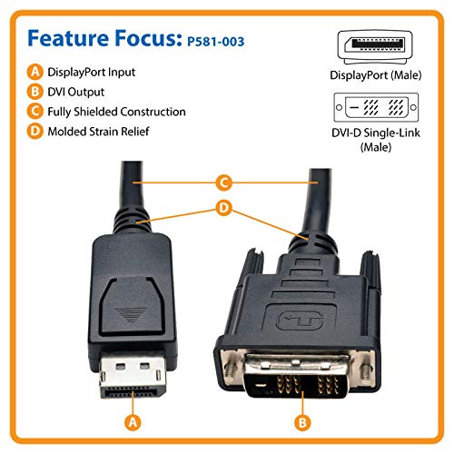 Tripp Lite Displayport To Dvi-D Adapter Converter Cable Dp With Latches, M/M 1080P @ 60Hz 3Ft 3' (P581-003), Black #TOP2