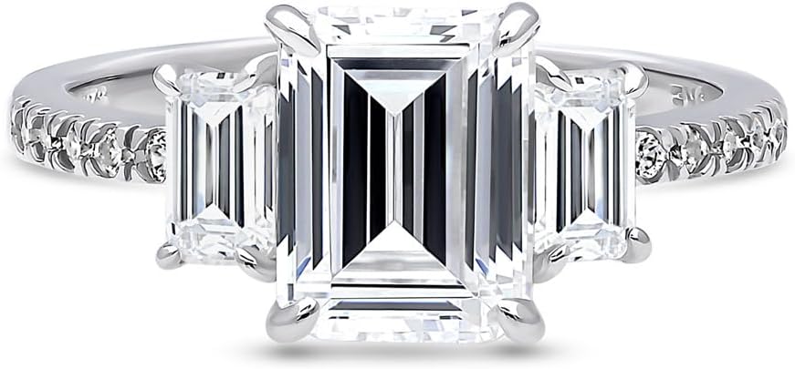 BERRICLE Sterling Silver 3-Stone Promise Wedding Engagement Rings for Her, 2.1 Carat Step Emerald Cut Cubic Zirconia CZ Ring - Image 2
