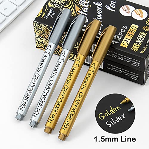 12Pcs Metallic Craftwork Pen Metallic Marker Pens For Art Rock Painting, Black Paper, Card Making, Diy Photo Album, Crafts, Metal, Ceramics (Silver) #TOP3