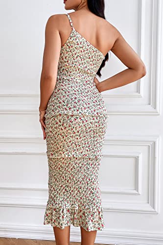 Image of PRETTYGARDEN Women's Summer Midi Bodycon Dresses One Shoulder Strappy Tiered Ruffle Floral Boho Sun Dress