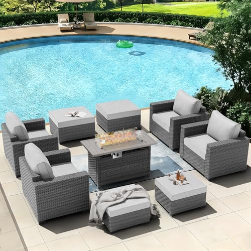 Image of ABCASA 9-Piece Patio Furniture Set with Fire Pit Table | Indoor Comfort for Outdoor Living | Weather-Resistant Wicker & Ultra-Thick Cushions | Grey Patio Conversation Set for Deck, Porch, Poolside
