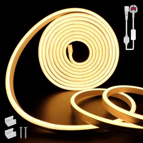 SUCIKORIO Neon Led Strip Light 5m / 16.4ft, Flexible LED Strip Lights Warm White 3000K Cuttable Waterproof IP65 Neon Rope Light 220-240V DIY leds Lights with Power Supply for Bedroom, Indoor & Outdoor
