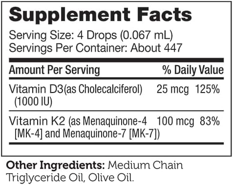 Miniatura 6 de Zahler Gotas de vitamina D3 K2, líquido D3 con K2, 1000 UI de vitamina D y 1000 mcg de K2 por porción, apoya la densidad ósea y la absoprción de