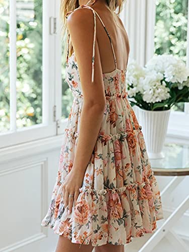 Image of kinstell Women's Boho Spaghetti Strap Ruffle Square Neck Bowknot Backless Sleeveless Elegant Flowy Mini Short Skater Dresses