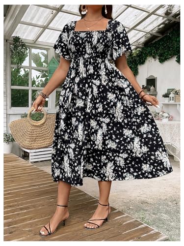 Image of Floerns Women's Plus Size Floral Square Neck Flounce Short Sleeve A Line Maxi Dress