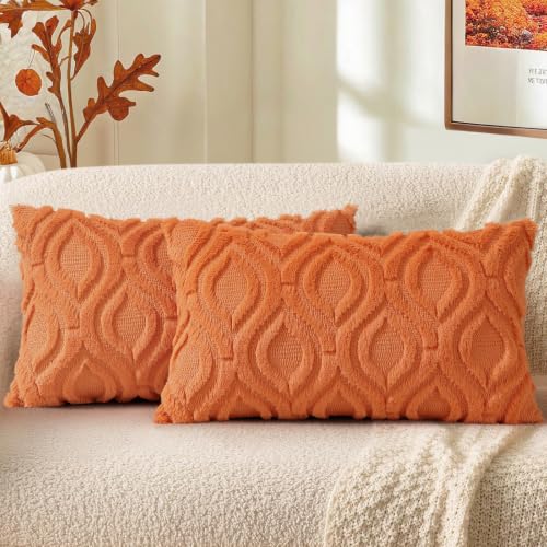 Image of decorUhome Fall Throw Pillow Covers 12x20 Inch Set of 2, Soft Plush Faux Wool Orange Solid Couch Pillow Covers, Accent Farmhouse Neutral Rectangle Pillow Cases for Sofa Bed Living Room