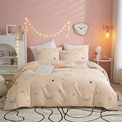 STACYPIK Girls Cup Rabbit Duvet Cover Kawaii Full Queen Kids Bedding Reversible Duvet Cover Set 100% Cotton Pale Pink Cute Animal Teen Women Toddler Bedding Set Cozy Comforter Cover Gifts Collections