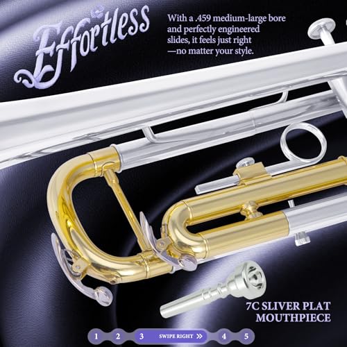 Image of ALLSET Bb Standard Trumpet for Beginners | Student Band, Orchestra, Pro Level Performance | Professional Brass Trumpet Kit with Hard Case, 7C Mouthpiece& Cleaning Kit | Advanced Students Silver
