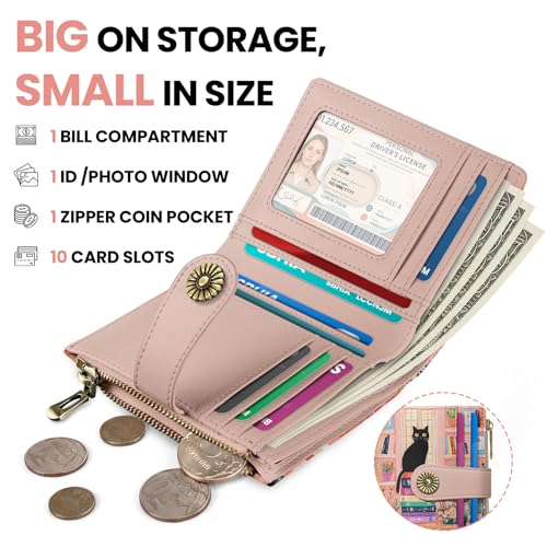 Image of Small Wallet for Women, RFID Blocking Bifold Card Holder Wallet with 10 Card Slots, Cash Compartment, Zipper Coin Pocket & ID Window, Cute Soft Vegan Leather Compact Wallet, Bookish Kitty
