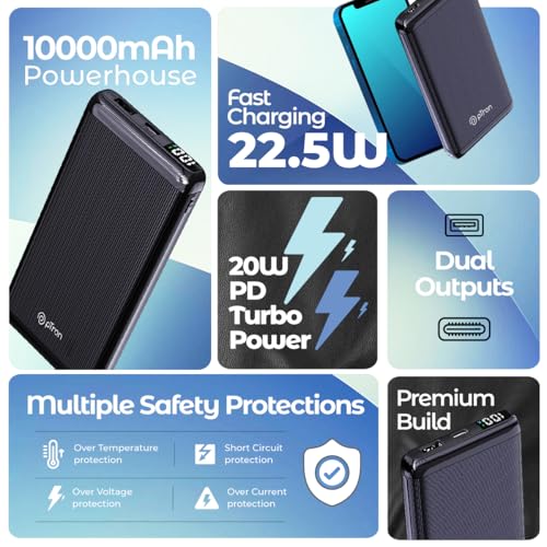 pTron Dynamo Vortex 10000mAh 22.5W Fast Charging Power Bank, 20W PD Fast Charging, Supports Xiamo, Redmi, Samsung,iPhone, Oneplus, Oppo, 2 Outputs & 1 Input & Multiple Layers of Protection (Black) - Image 4