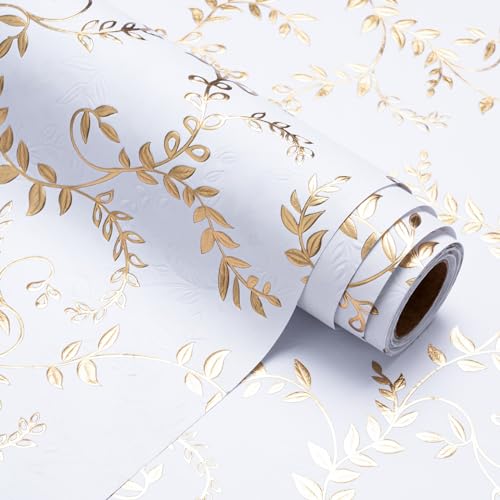 WRAPAHOLIC 3D Kraft Wrapping Paper Roll - Mini Roll - 17 Inch x 16.5 Feet - Gold and White Leaves Design with Embossed Perfect for Birthday Holiday Wedding Baby Shower