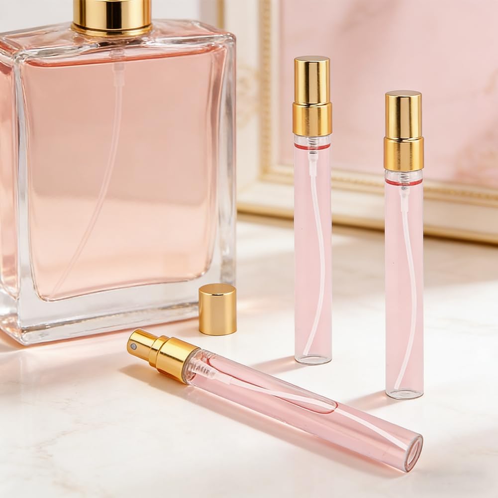 Travel Perfume Atomizer Bottles 20 Pack, 10 mL Glass Refillable Spray Bottles With Gold Nozzle, 4.53 in Tall x 0.55 in Diameter, Includes 2 Droppers for Decanting