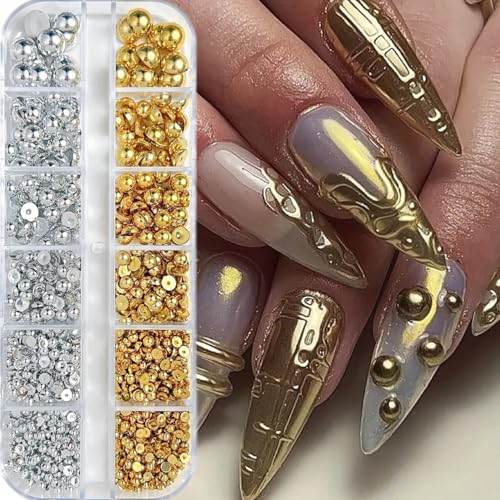 GZMAYUEN 1 Boîte 3D Flatback Perle Ongle Argent et Or, Demi-Rondes Métal Perle Bijoux pour Deco Ongle Nail Art