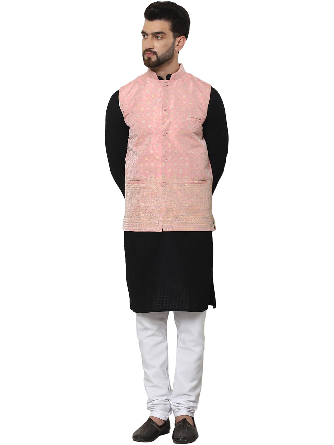 Sojanya (Since 1958 Men's Pure Cotton Black Kurta And White Pyjama With Pink Nehru Jacket