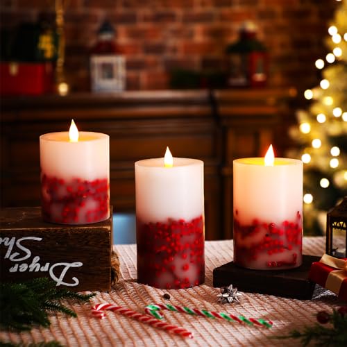 Image of Baquler 3 Pcs Christmas Flameless LED Candles Rowan Berries Embedded Real Wax Unscented Flicker Wick Pillar Candle Battery Operated Warm Light for Home Party Xmas Gift Decoration