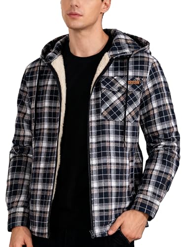 ZITY Men's Zipper Hoodies Flannel Shirt Jacket Plaid Cotton Hoodie Berber Lined Polyfill Insulated