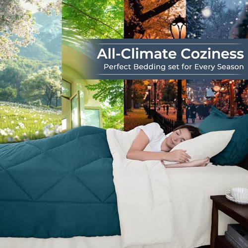 HEVUMYI Full Comforter Set - 7-Piece All Season Bed in a Bag Full, Ultra Soft Bedding Set with Comforter, Flat Sheet, Fitted Sheet, Pillowcases, Pillow Shams, Peacock Blue & Ivory