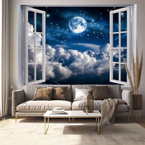 Tenture Murale 3D Effet Fenêtre lune nuages paysage bleu foncé 230x180