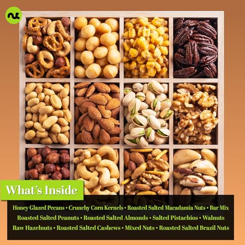 NUT-CRAVINGS-Gourmet-Collection-Thanksgiving-Holiday-Christmas-Mixed-Nuts-Gift-Basket-in-Reusable-Wooden-Tray-Green-Ribbon-12-Assortments-Xmas-Arrangement-Platter-Healthy-Kosher-USA-Made
