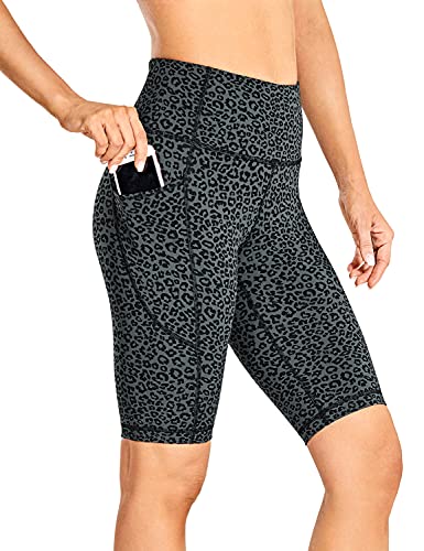 CRZ YOGA Women s Running Workout Biker Shorts - 10 Inches High Waist Yoga Athletic Shorts with Pockets Naked Feeling Leopard Printed 1 Medium