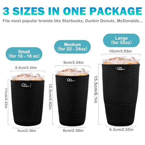 Image of Reusable Iced Coffee Cup Sleeve for Cold Beverages and Neoprene Cold Coffee Cup Sleeves Cooler Cover 16-32OZ for Coffee Cups, McDonalds, Dunkin Donuts, More (Embossed Black)