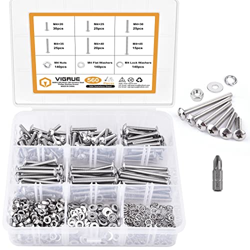 VIGRUE 560Pcs Metric M4 Machine Screws Bolts, M4 x 20MM/ 25MM/ 30MM/ 35MM/ 40MM/ 45mm 304 Stainless Steel Phillips Truss Head Screws Bolts Washers Screw Assortment Kit