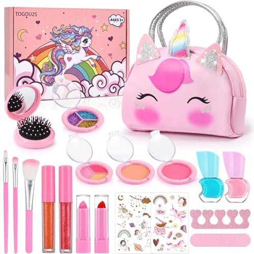 TOGOU2S Maquilhagem para meninas - Bonito necessidade de unicórnio rosa, brinquedos laváveis, seguros e não tóxicos - mala de maquilhagem - presente para meninas 4-8 anos, aniversário