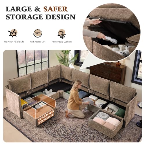 Image of Ihanherry Oversized Modular Sectional Sofa with Storag, 8-Seater V Shaped Cloud Couch with Movable Ottomans, Chenille Deep Seat Corner Couches for Living Room (Brown)