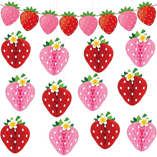 13PCS Strawberry Party Decorations Honeycomb Balls Banner Berry First Birthday Hanging Decor Table Centerpieces