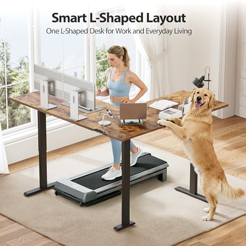 Image of Agilestic L Shaped Standing Desk 63 x 55 inch Adjustable Height, Electric Corner Standing Desk, Sit Stand Computer Table with Splice Board, Vintage Brown