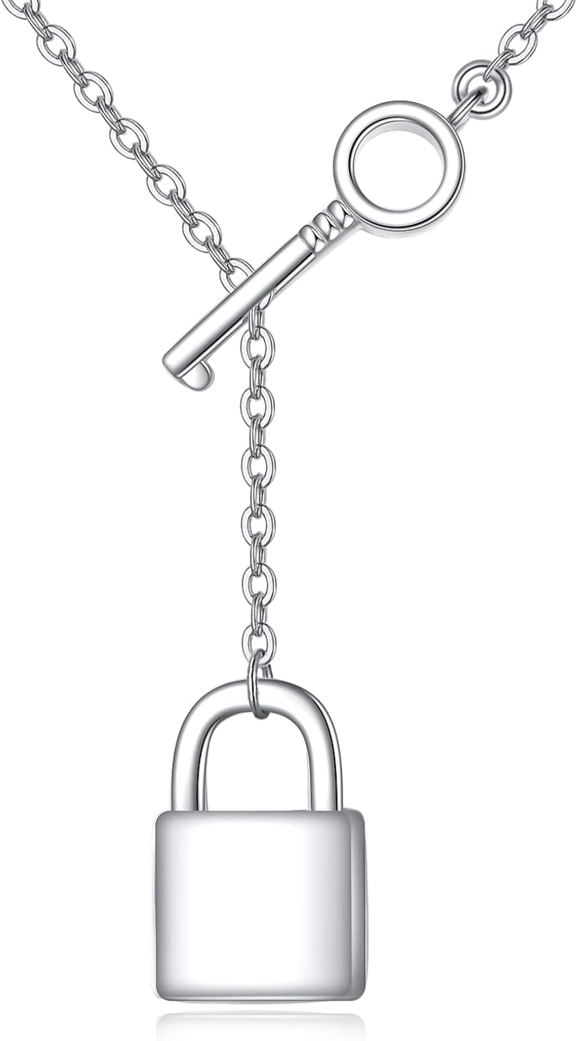 Lock Key Necklace Sterling Silver Adjustable Lariat Y Lock Pendant Necklace Padlock Key Jewelry Gifts for Women